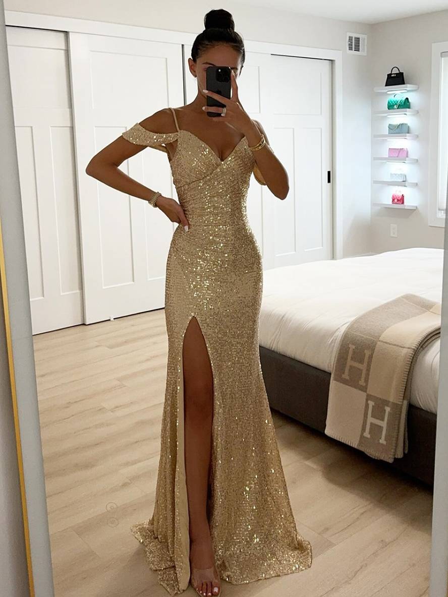 long shiny sequin v-neck dress side slit split shoulders sleeveless elegant evening ceremony woman | Force