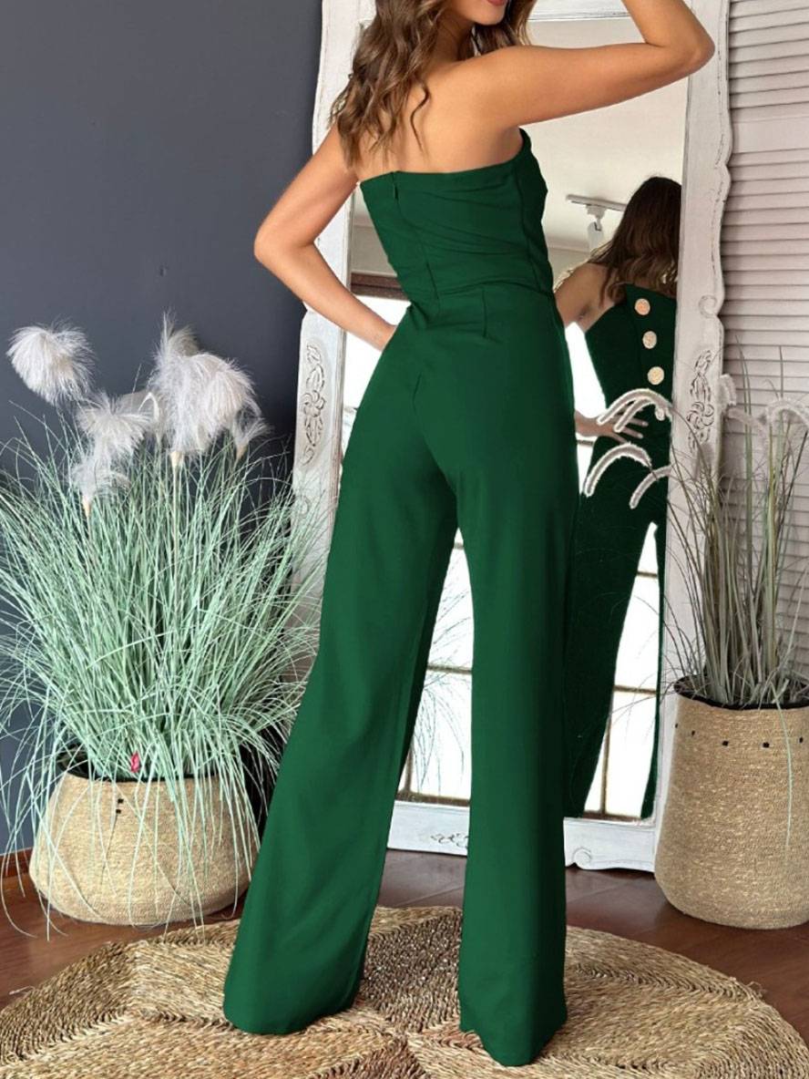 flare wide-leg jumpsuits solid color strapless buttoned sleeveless women elegant casual | Force