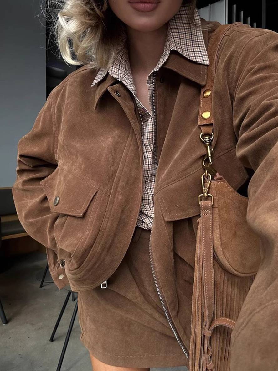 women's suede set lapel collar pockets short jacket skirt elegant casual two-piece clothing | Force