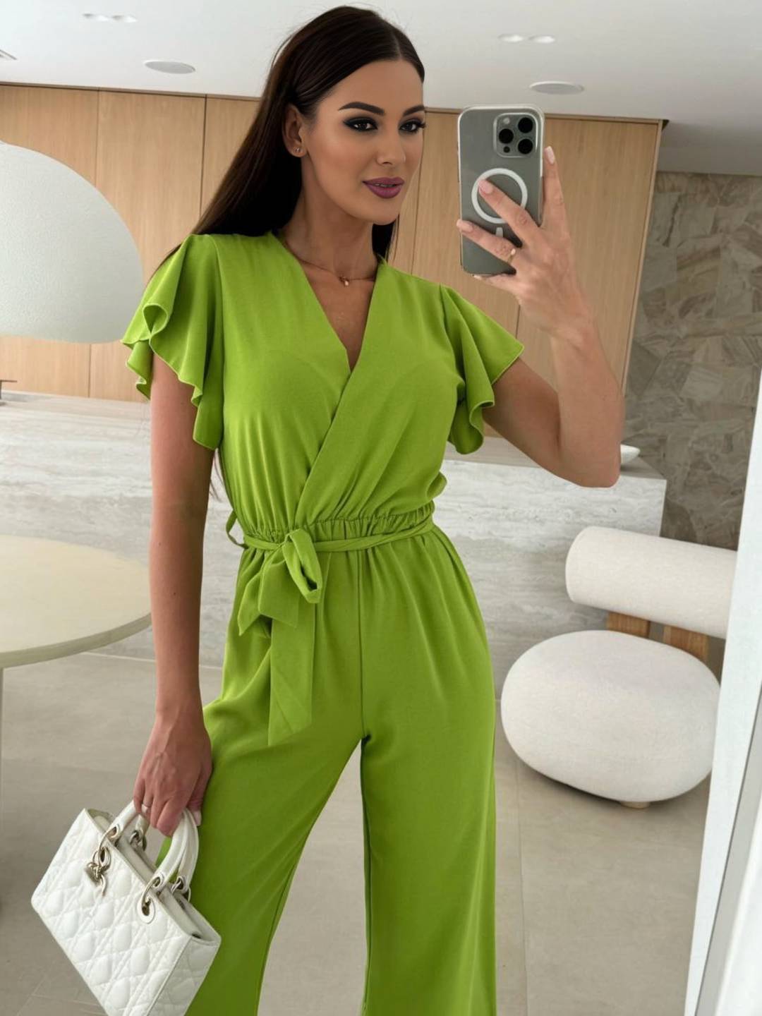 wide leg jumpsuits flared solid color v-neck belt layered ruffles casual woman | FORCE