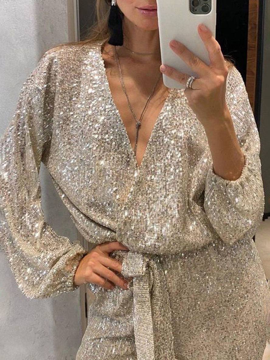 shiny v-neck sequin jumpsuits belt plunging neckline long sleeves women elegant casual fashion Christmas | Force