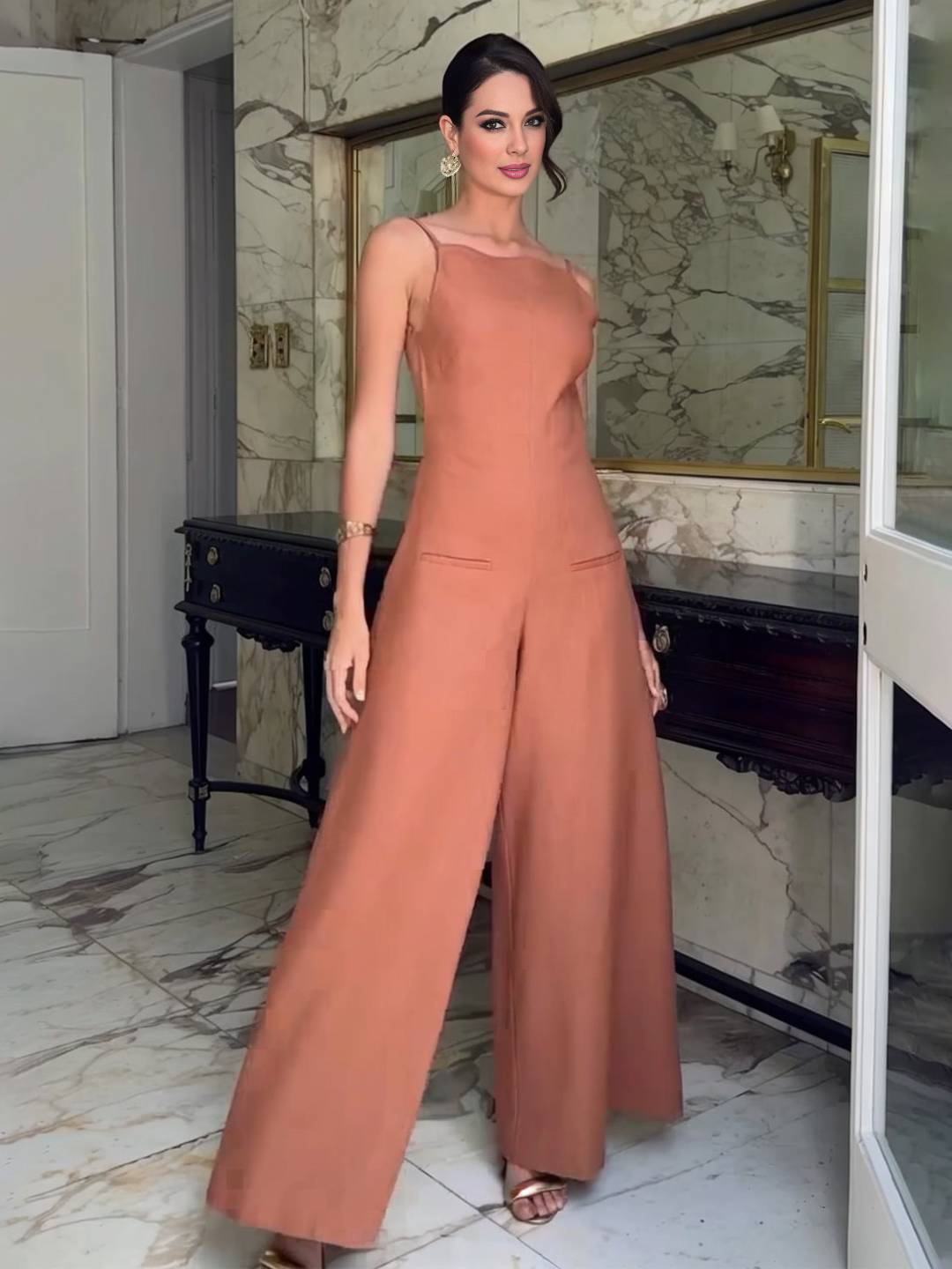 wide leg jumpsuits flared linen backless with thin straps sleeveless elegant casual vacation style for women | Force