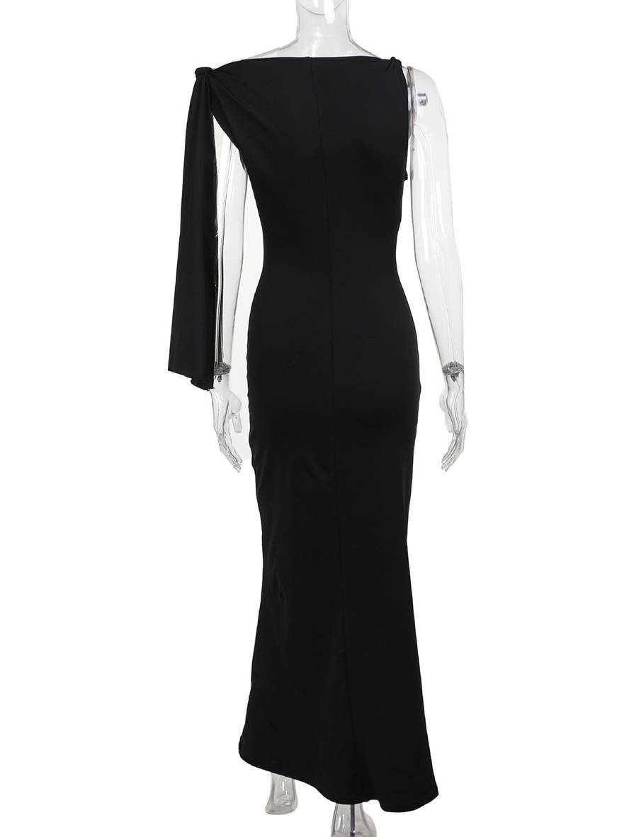 long tight-fitting solid color one-shoulder sleeveless elegant evening dress for women | Force