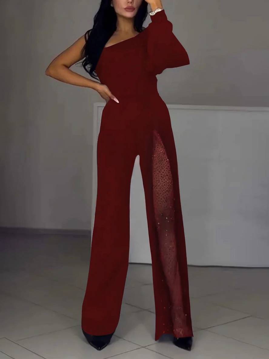 flare wide-leg jumpsuits one-shoulder side slit long sleeves women casual elegant relaxed ceremony | Force