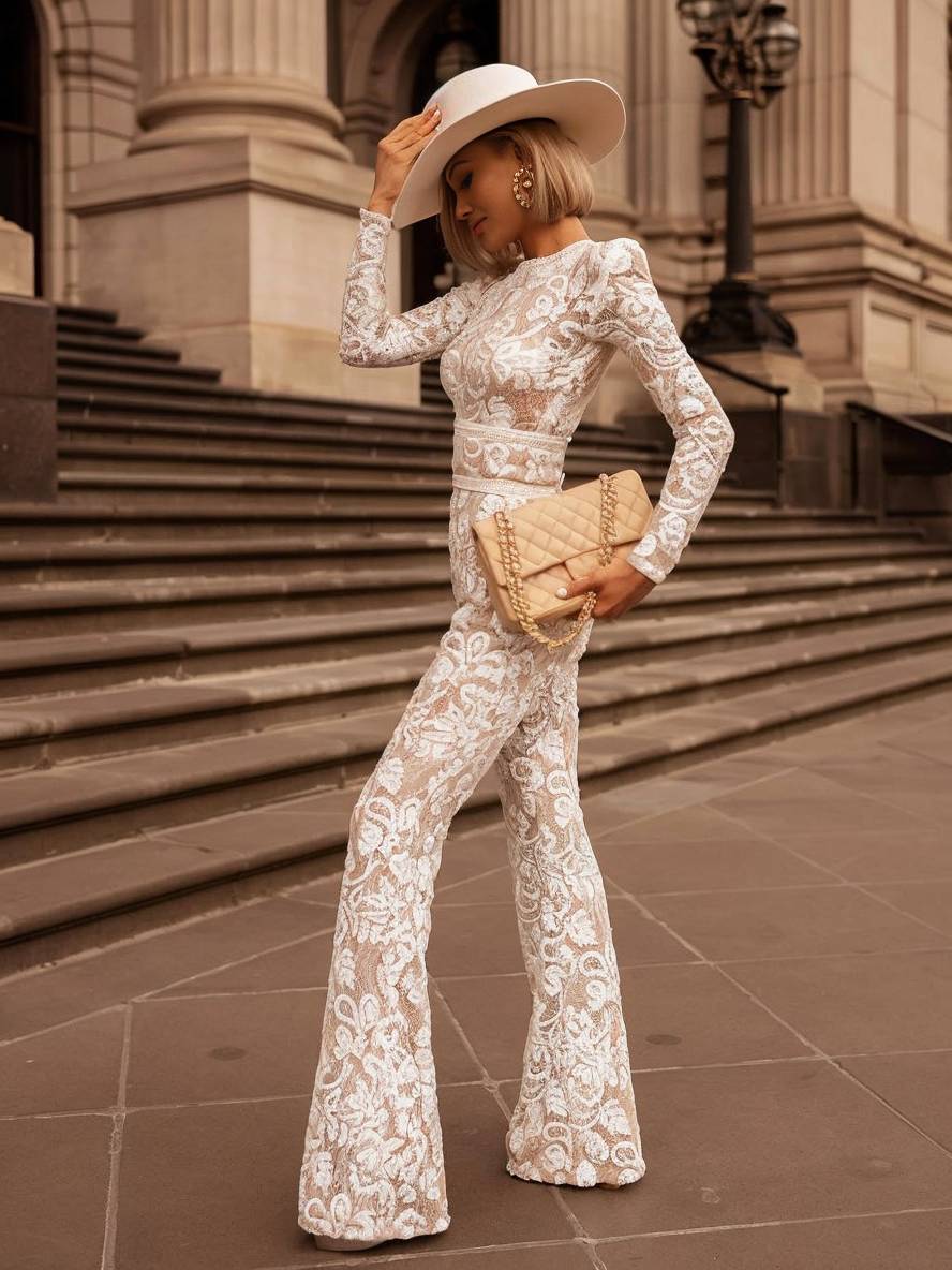 flare wide-leg lace jumpsuits round neck belt long sleeves women elegant vintage | Force