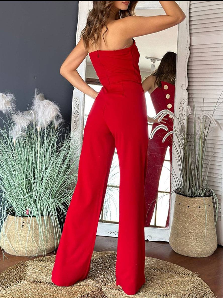 flare wide-leg jumpsuits solid color strapless buttoned sleeveless women elegant casual | Force