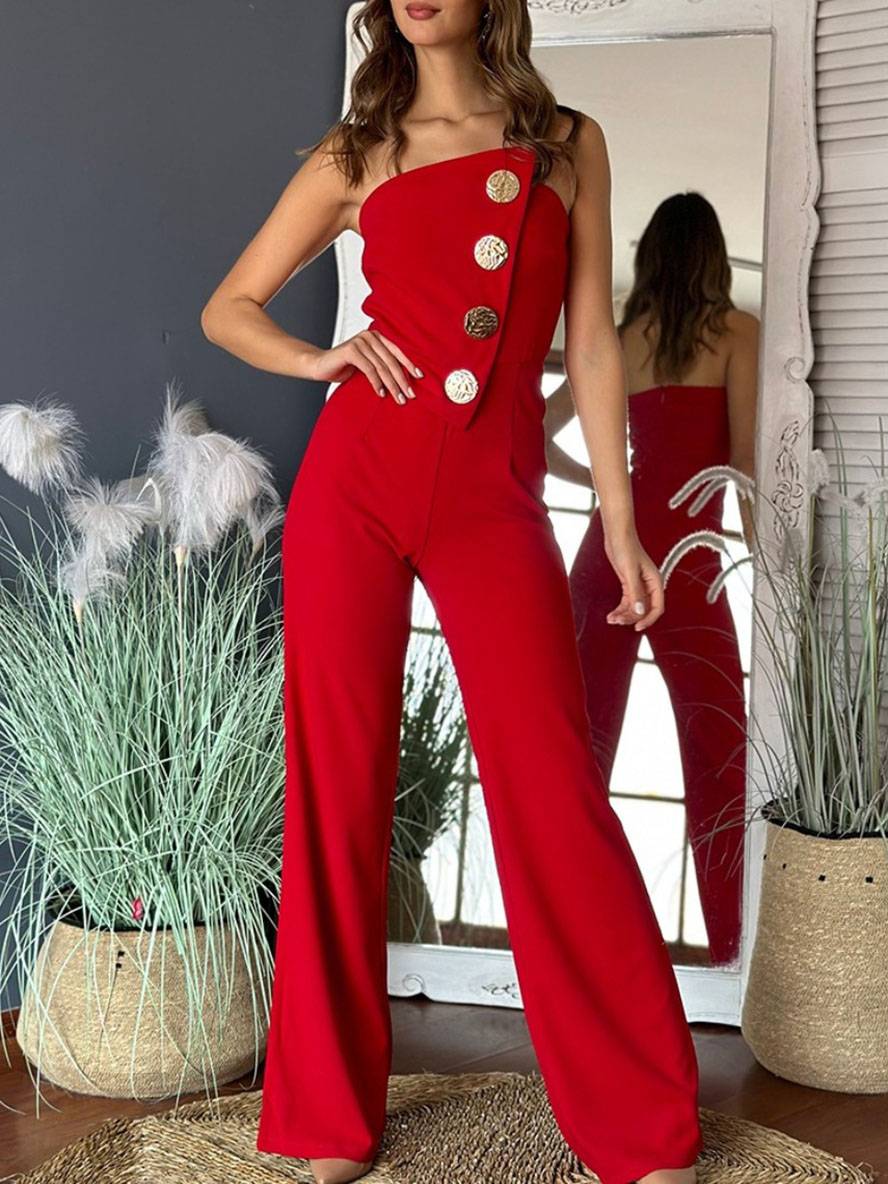 flare wide-leg jumpsuits solid color strapless buttoned sleeveless women elegant casual | Force