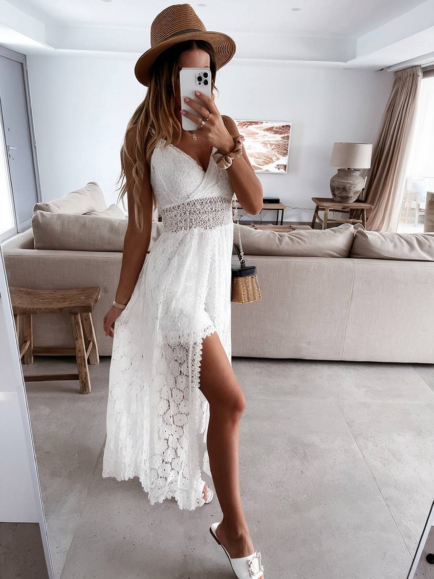 lace embroidered eyelet jumpsuits v-neck split with thin straps elegant bohemian woman | FORCE