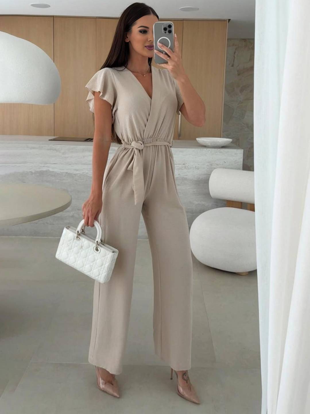 wide leg jumpsuits flared solid color v-neck belt layered ruffles casual woman | FORCE
