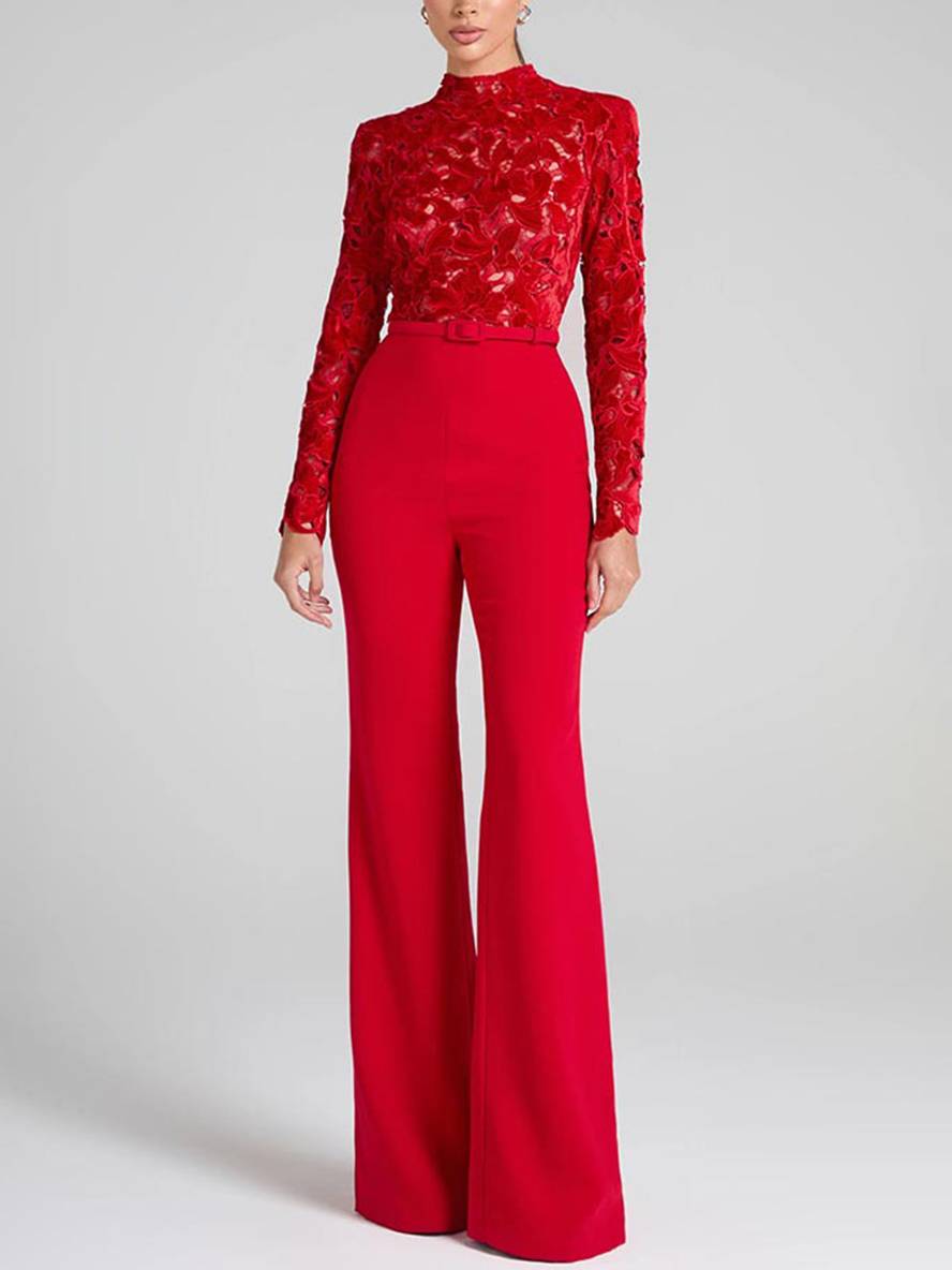 flare wide-leg jumpsuits English embroidery round neck long sleeves belt women elegant casual slim fitness | Force