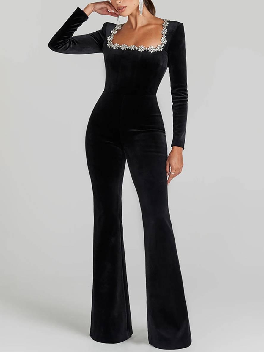 flare wide velvet jumpsuits square collar long sleeves slim fitness women elegant casual ceremony | Force