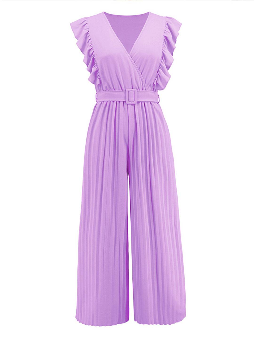 wide leg jumpsuits flared v-neck with ruffle pleated belt sleeveless women elegant bohemian casual | FORCE