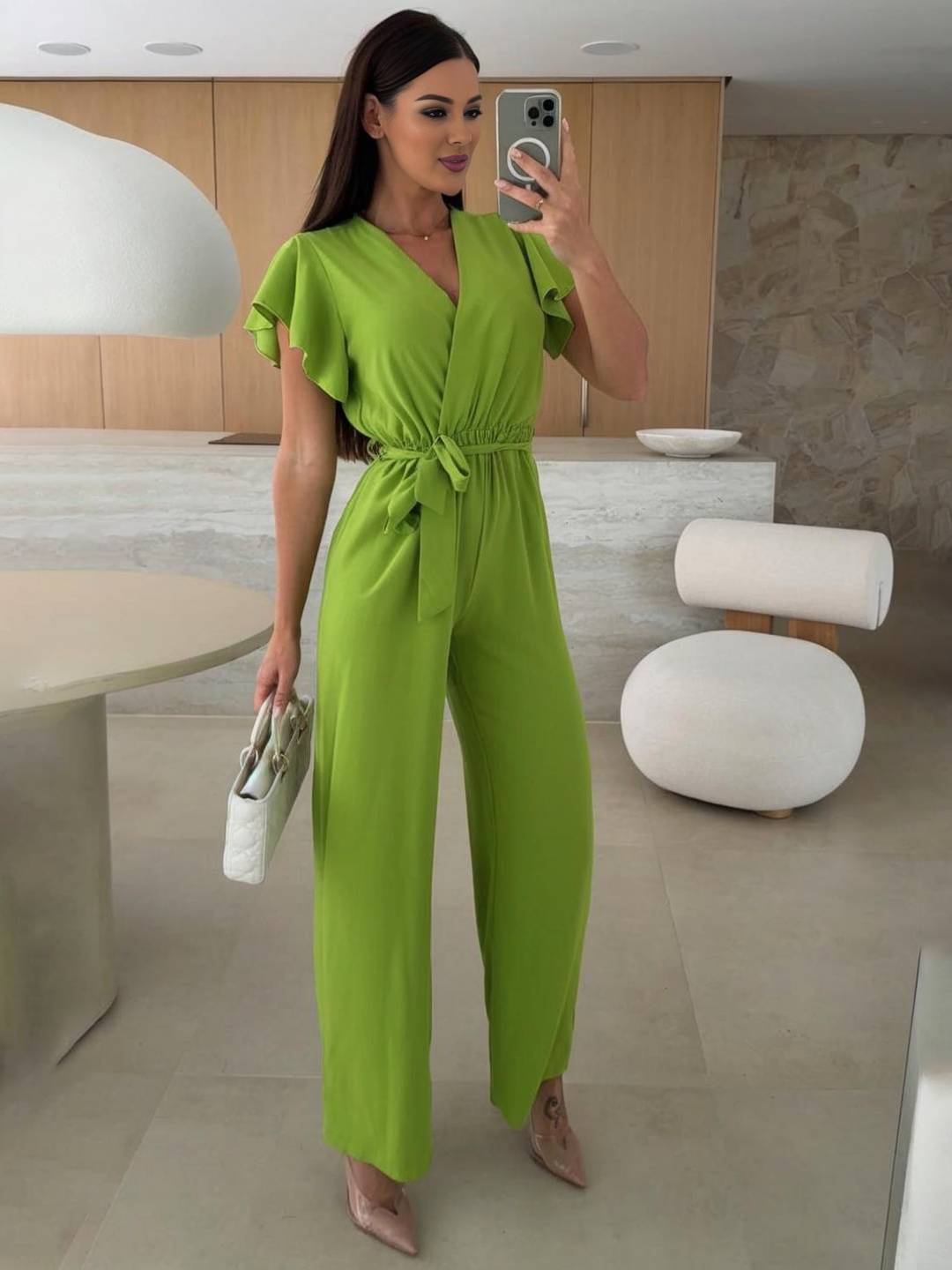 wide leg jumpsuits flared solid color v-neck belt layered ruffles casual woman | FORCE