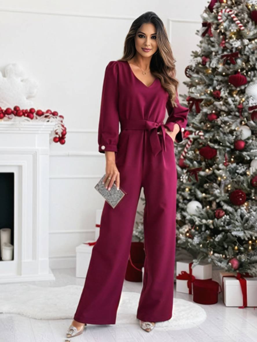 straight jumpsuits v-neck belt pockets long sleeves women casual elegant relaxed one piece | Force