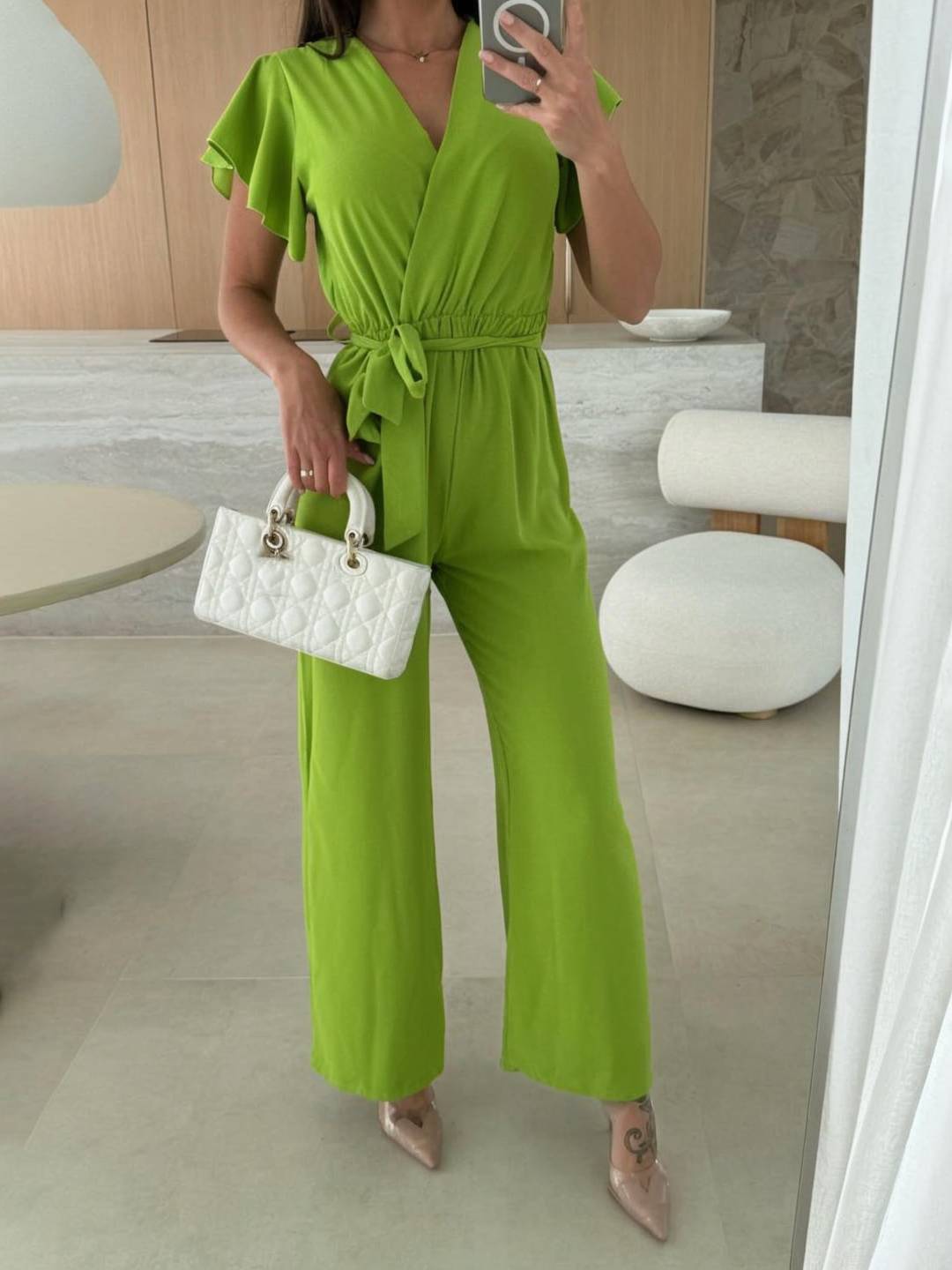 wide leg jumpsuits flared solid color v-neck belt layered ruffles casual woman | FORCE