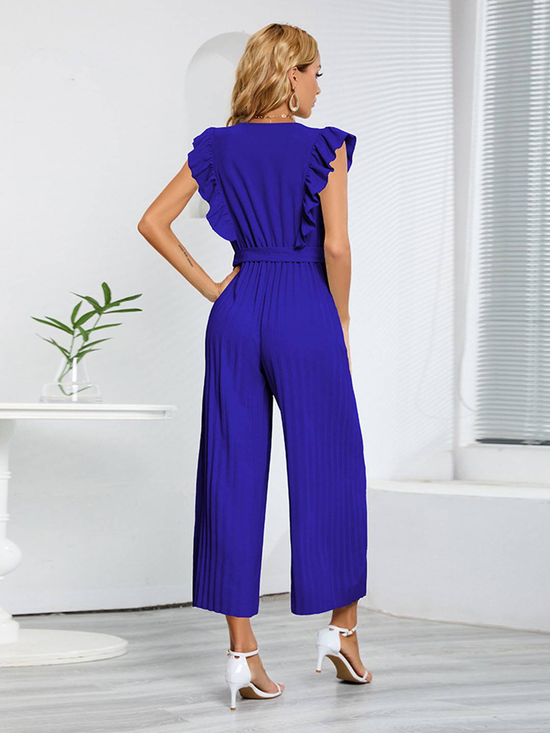 wide leg jumpsuits flared v-neck with ruffle pleated belt sleeveless women elegant bohemian casual | FORCE