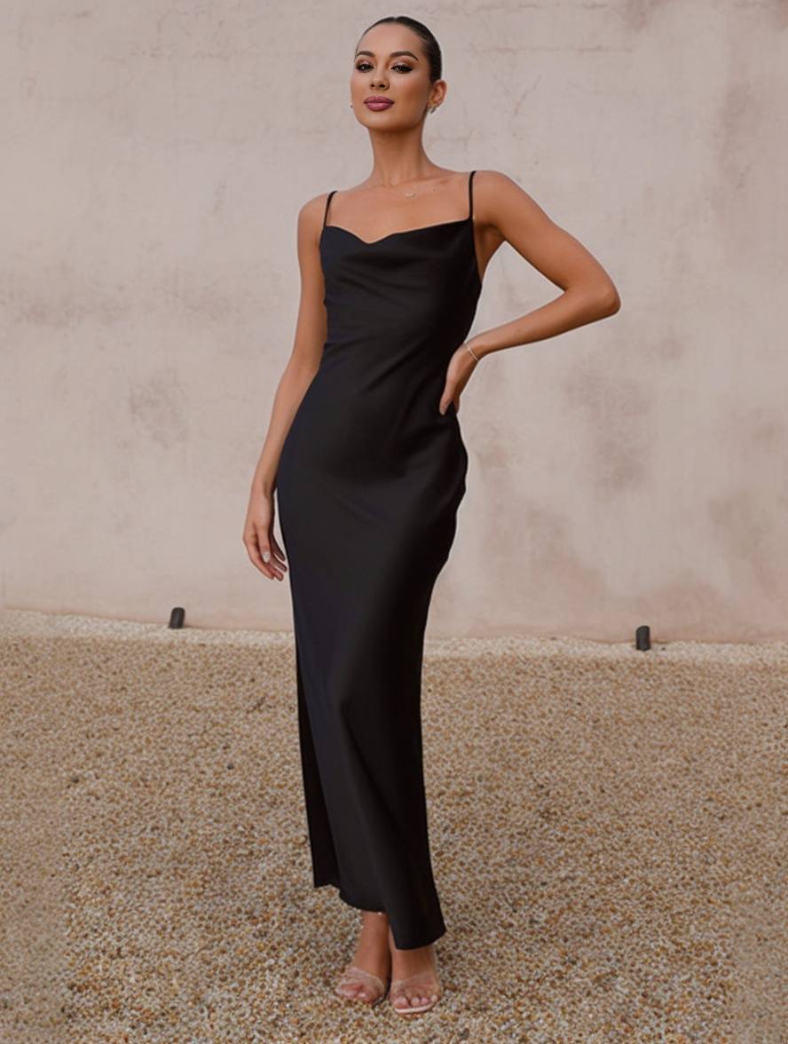 satin fitted backless bridesmaid dress with thin straps elegant evening woman wedding guest | Force