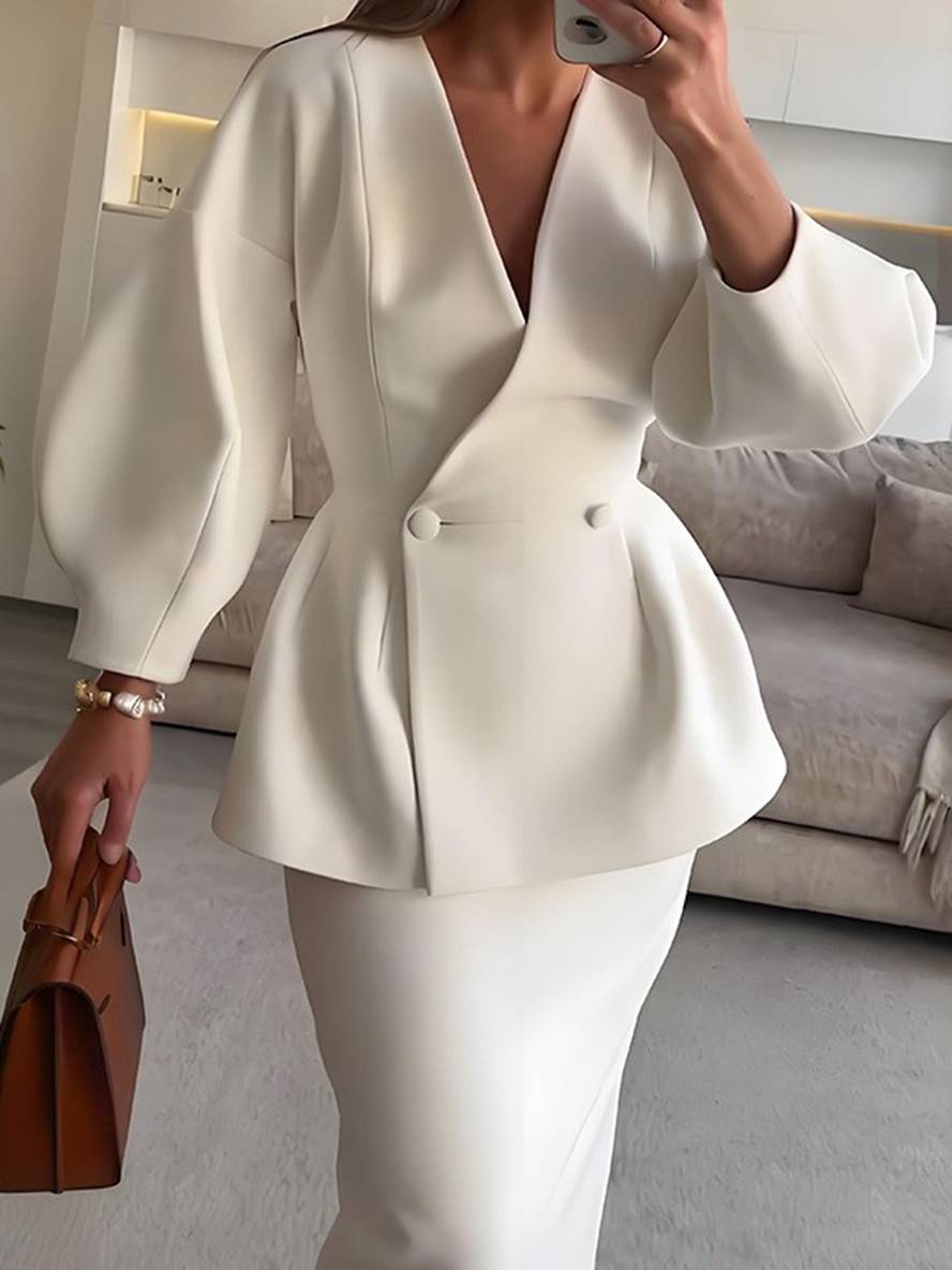 suit sets with skirt v-neck buttons puff sleeves long sleeves jacket woman elegant vintage two pieces | Force