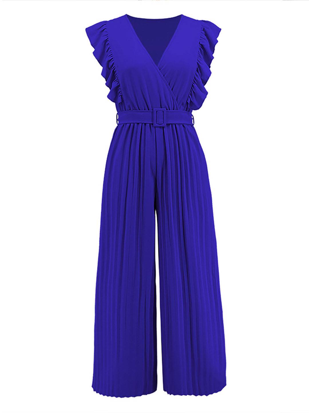 wide leg jumpsuits flared v-neck with ruffle pleated belt sleeveless women elegant bohemian casual | FORCE