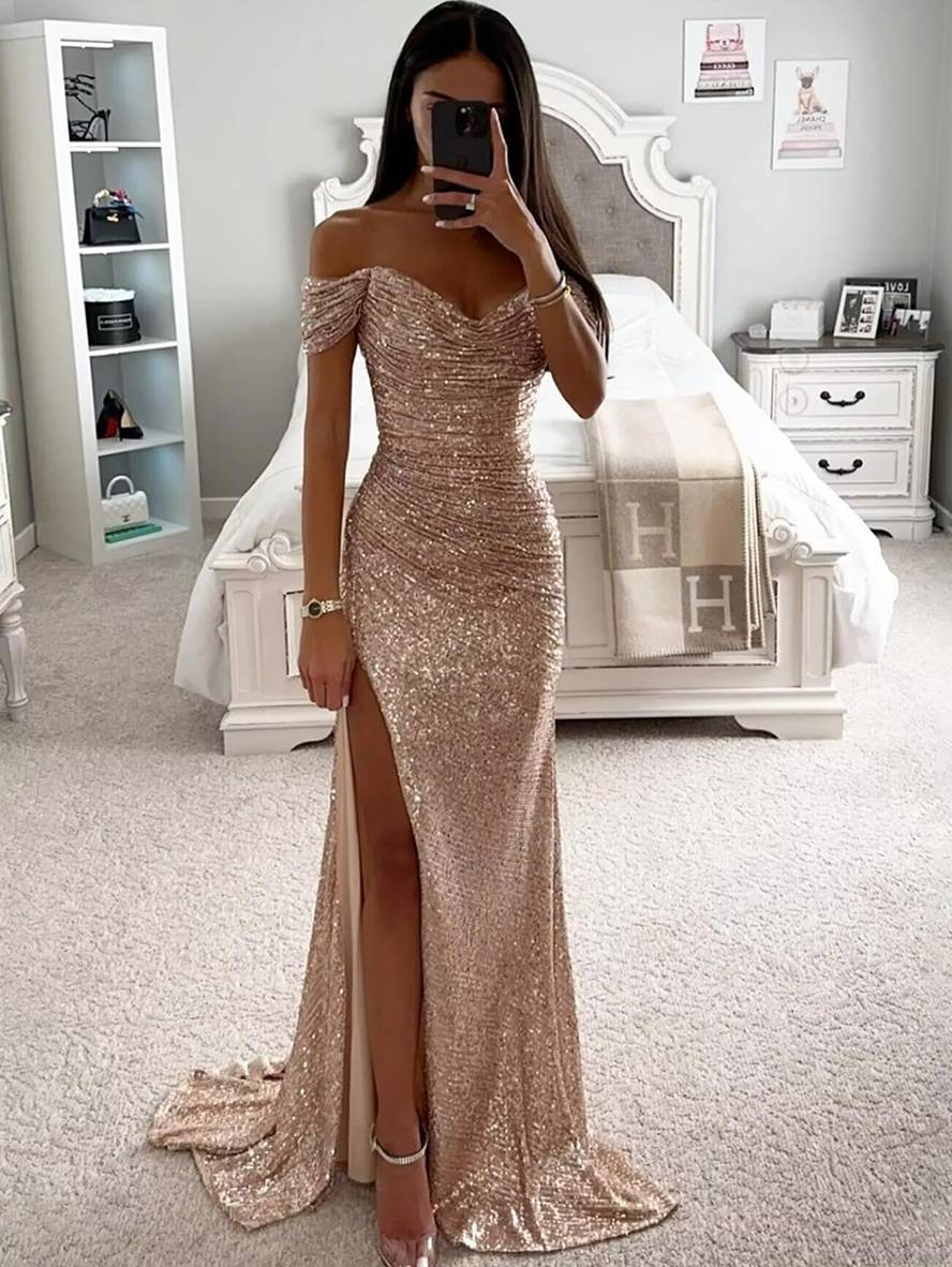 long strapless shiny sequin slit side mermaid boat neck sleeveless elegant evening ceremony dress | Force