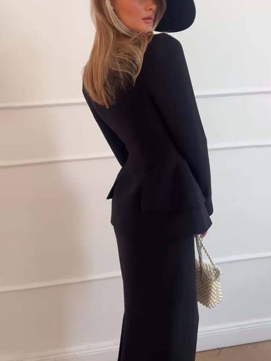square collar set buttons pockets long sleeves blazer with skirt women elegant casual two-piece office | Force