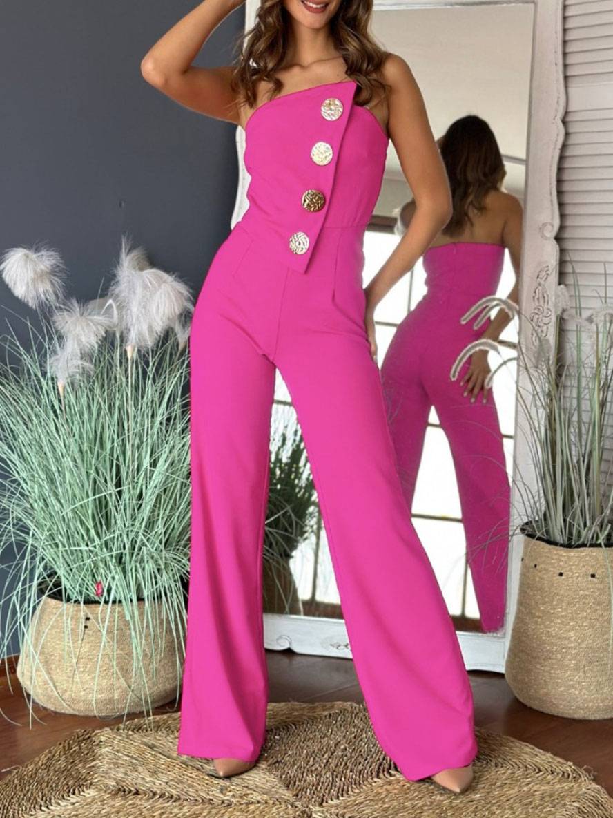 flare wide-leg jumpsuits solid color strapless buttoned sleeveless women elegant casual | Force