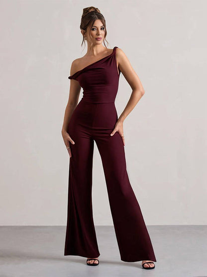 flare wide-leg jumpsuits one shoulder boat neck sleeveless women elegant casual one piece | Force