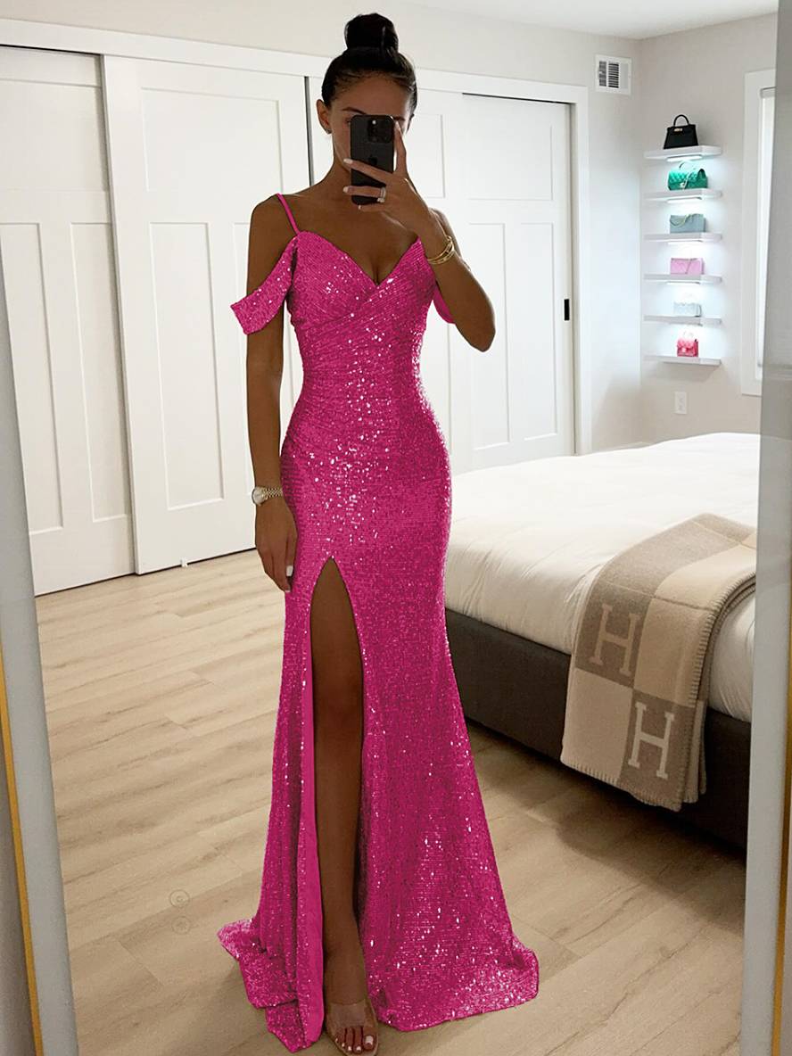 long shiny sequin v-neck dress side slit split shoulders sleeveless elegant evening ceremony woman | Force