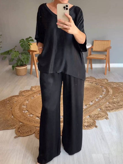 sets with pants v-neck pockets batwing sleeves short sleeves women elegant casual loose two-piece | Force