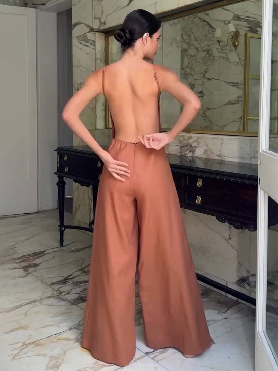 wide leg jumpsuits flared linen backless with thin straps sleeveless elegant casual vacation style for women | Force