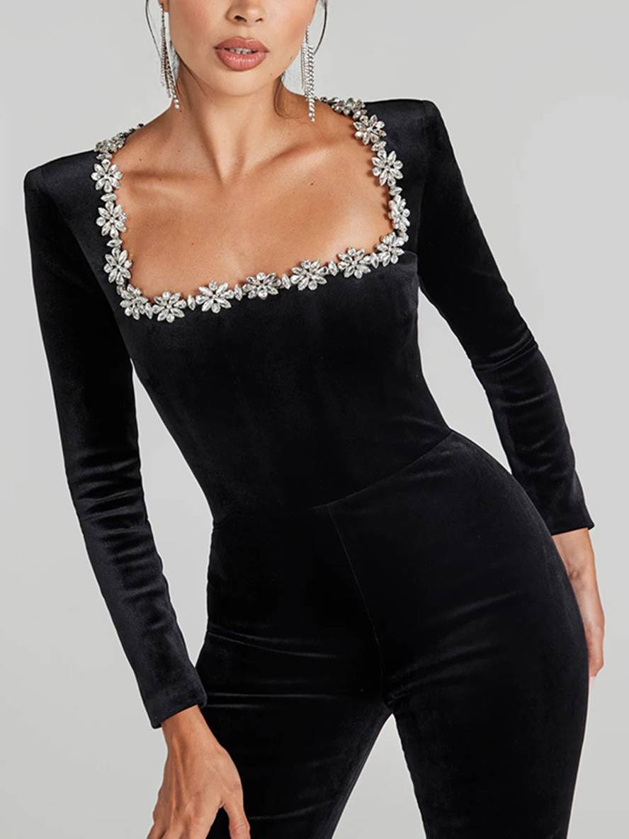 flare wide velvet jumpsuits square collar long sleeves slim fitness women elegant casual ceremony | Force