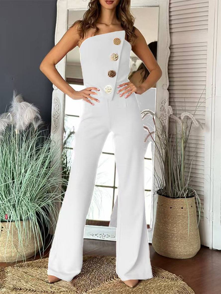 flare wide-leg jumpsuits solid color strapless buttoned sleeveless women elegant casual | Force