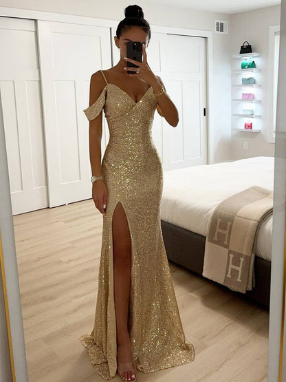 long shiny sequin v-neck dress side slit split shoulders sleeveless elegant evening ceremony woman | Force