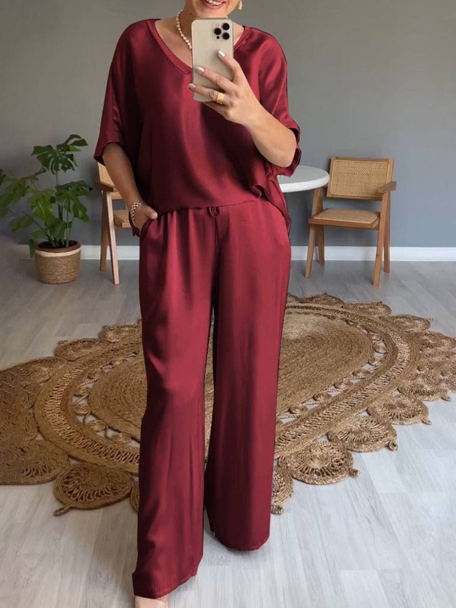 sets with pants v-neck pockets batwing sleeves short sleeves women elegant casual loose two-piece | Force
