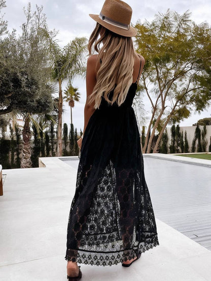 lace embroidered eyelet jumpsuits v-neck split with thin straps elegant bohemian woman | FORCE