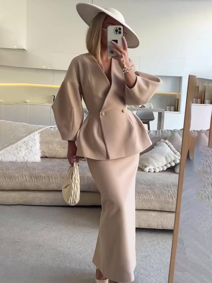 suit sets with skirt v-neck buttons puff sleeves long sleeves jacket woman elegant vintage two pieces | Force