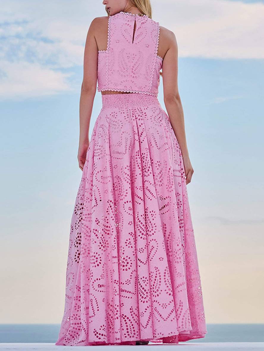 embroidered eyelet dress pockets sleeveless trapeze tops fluid skirt woman elegant casual set | Force