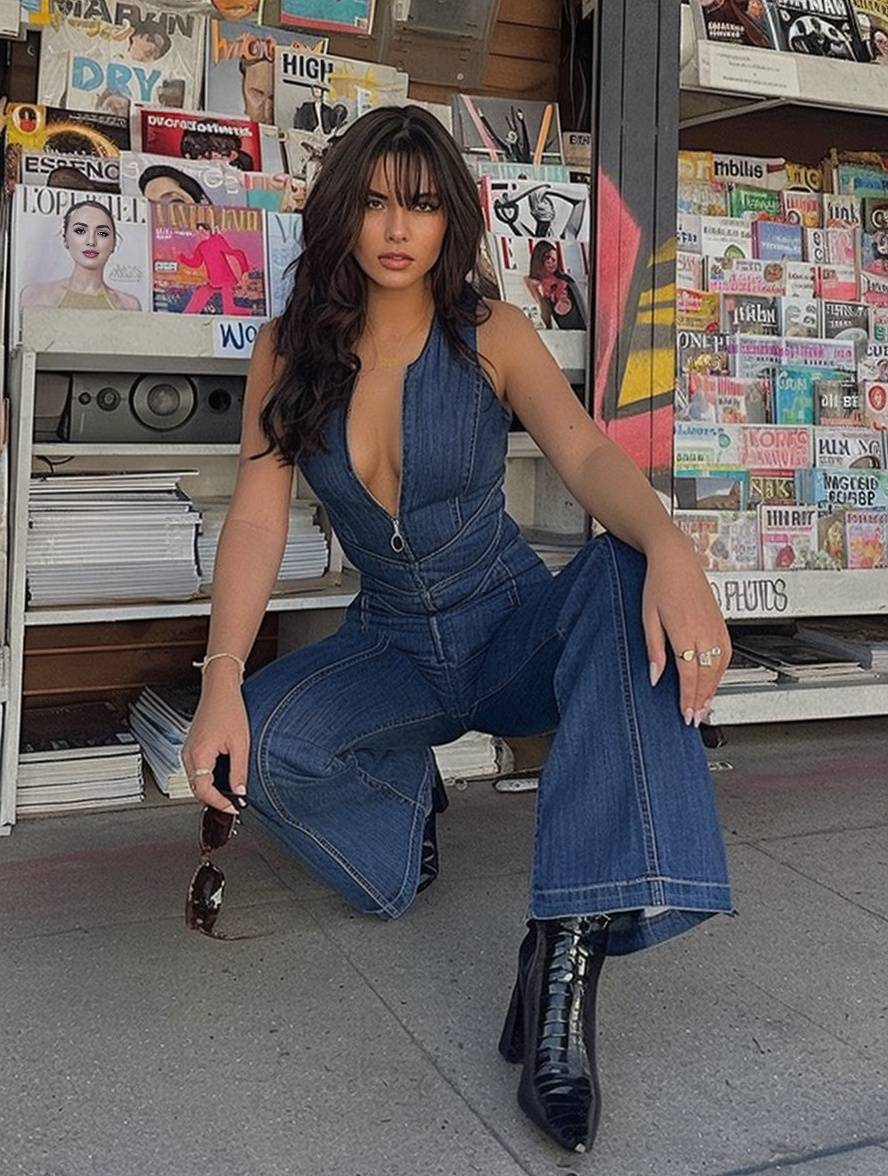 elegant vintage casual fashion sleeveless v-neck denim jumpsuits for women | Force