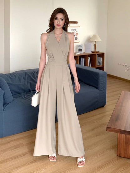 wide leg jumpsuits flared solid color backless v-neck sleeveless women casual elegant relaxed | Force