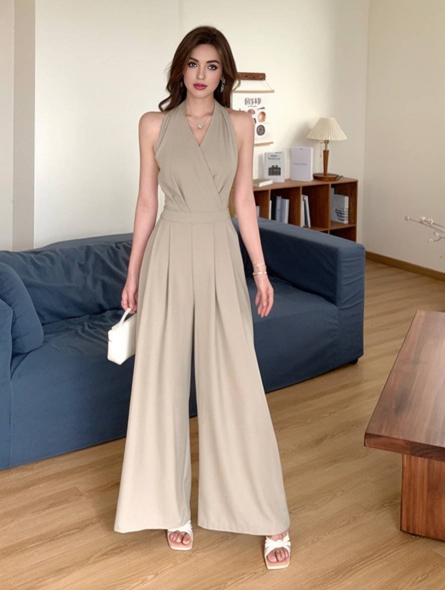 wide leg jumpsuits flared solid color backless v-neck sleeveless women casual elegant relaxed | Force