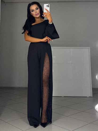 flare wide-leg jumpsuits one-shoulder side slit long sleeves women casual elegant relaxed ceremony | Force