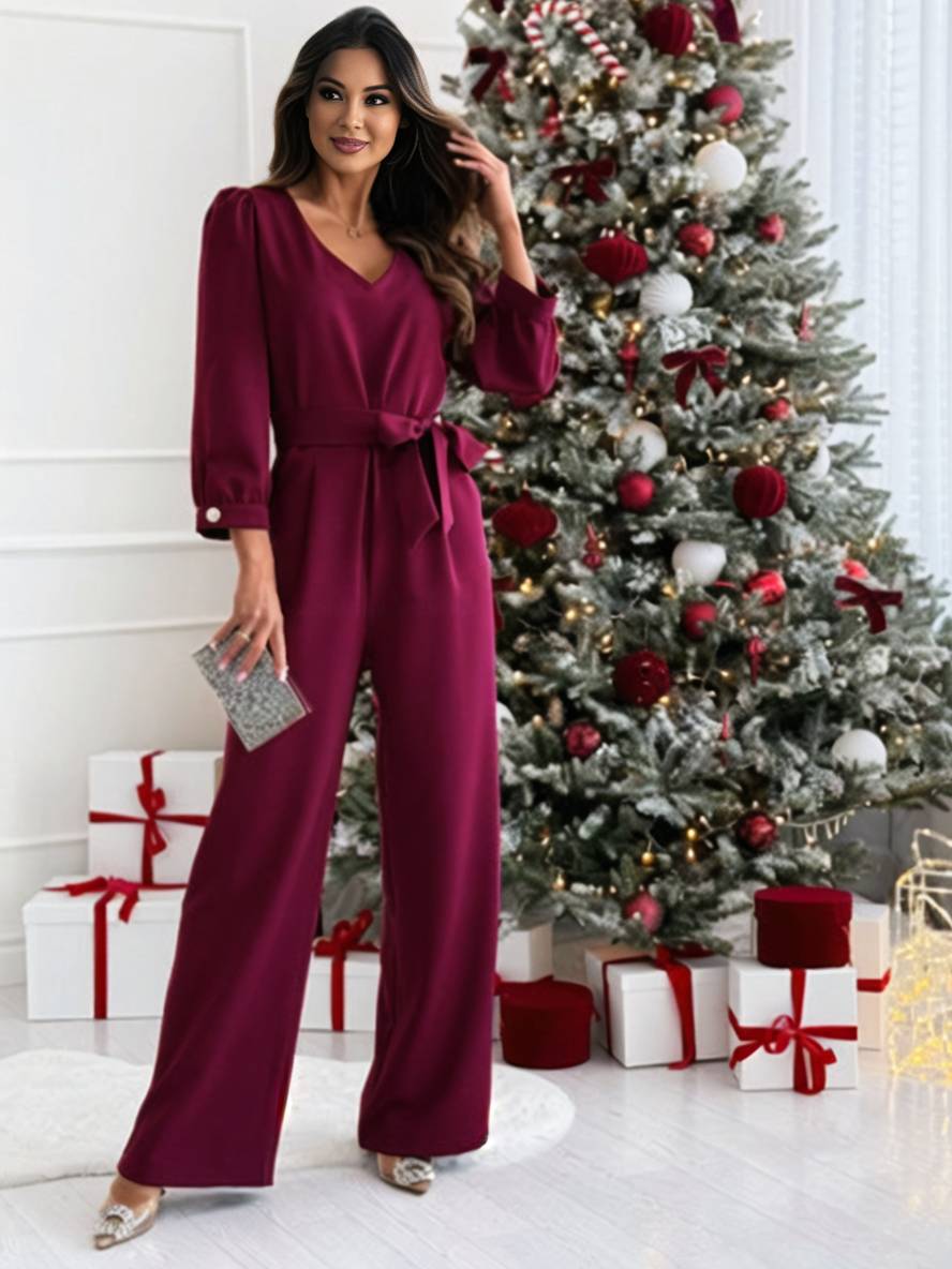 straight jumpsuits v-neck belt pockets long sleeves women casual elegant relaxed one piece | Force