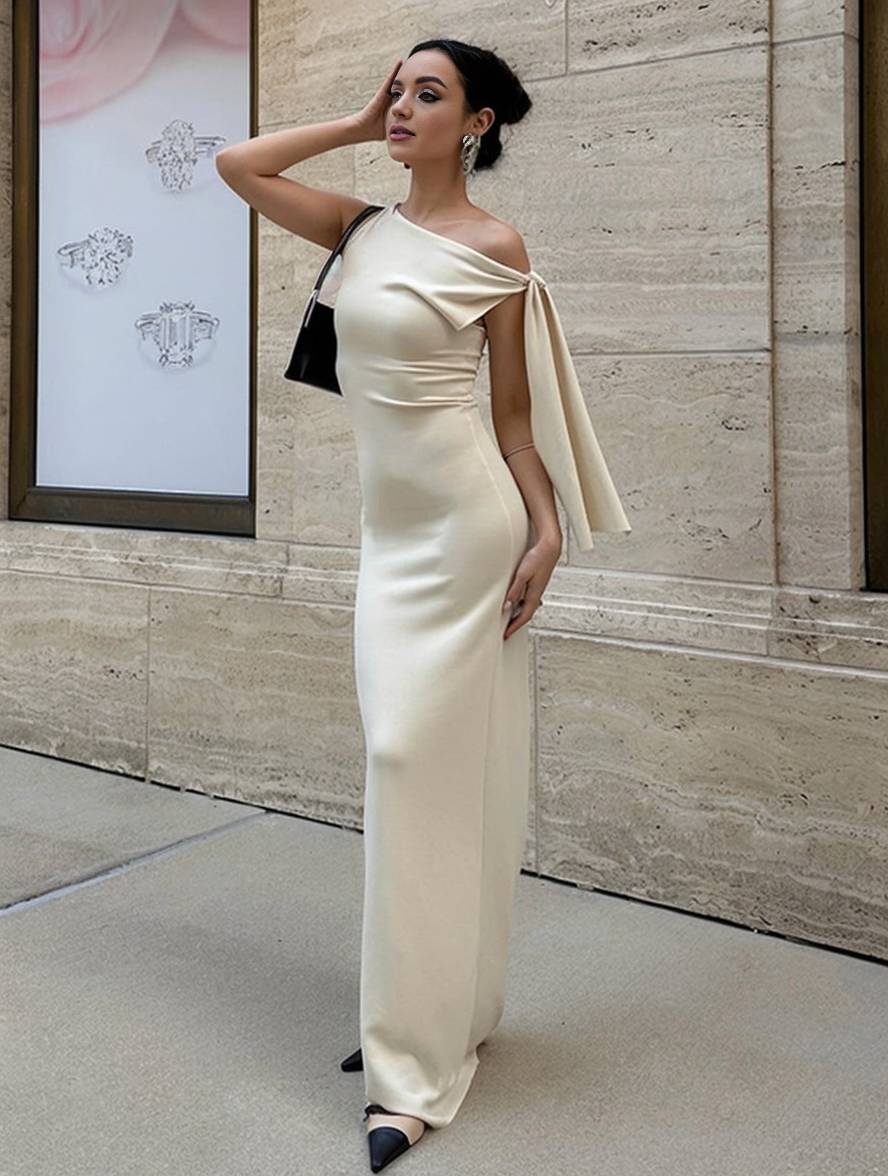 long tight-fitting solid color one-shoulder sleeveless elegant evening dress for women | Force