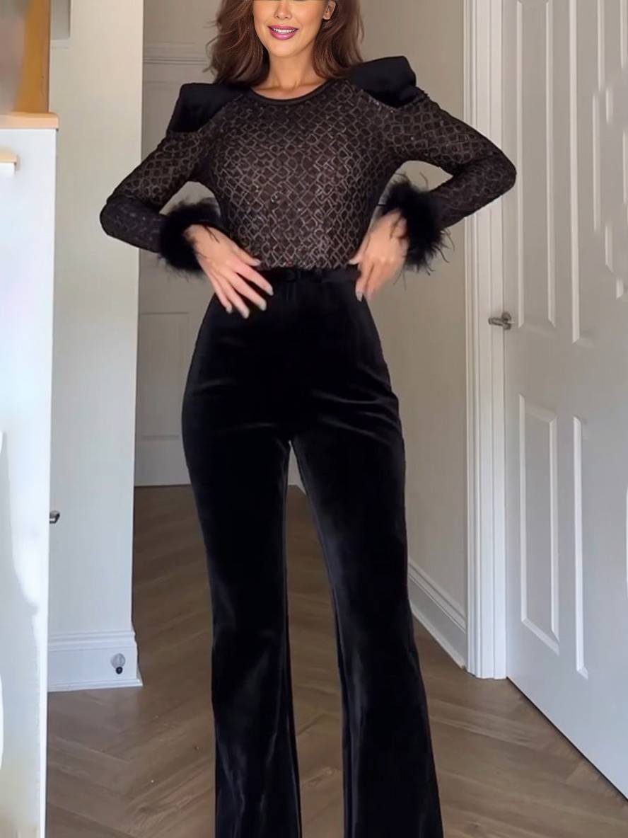 flare wide slim fitness jumpsuits round neck feather long sleeves zipper women casual elegant ceremony | Force