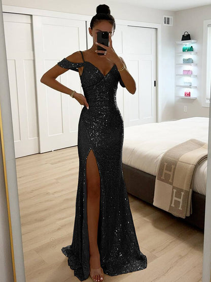 long shiny sequin v-neck dress side slit split shoulders sleeveless elegant evening ceremony woman | Force