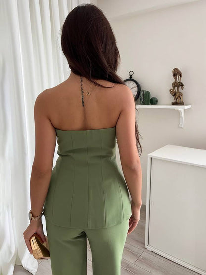 sets with solid color pants buttoned bustier elegant women's suit style outfit wedding guest | Force