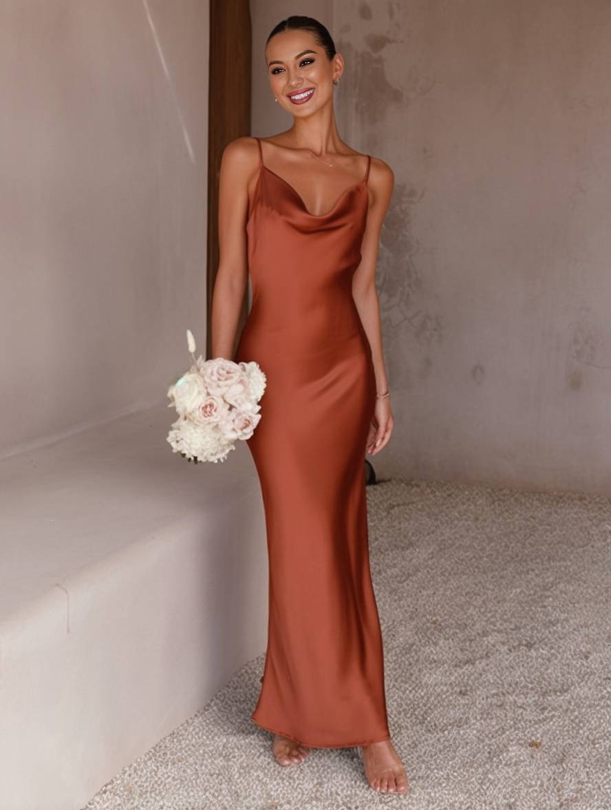 satin fitted backless bridesmaid dress with thin straps elegant evening woman wedding guest | Force