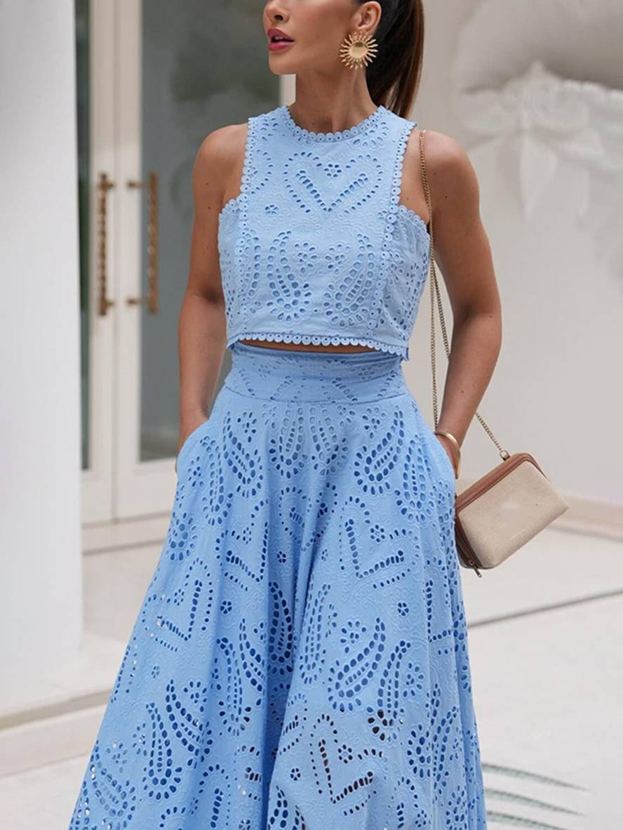 embroidered eyelet dress pockets sleeveless trapeze tops fluid skirt woman elegant casual set | Force