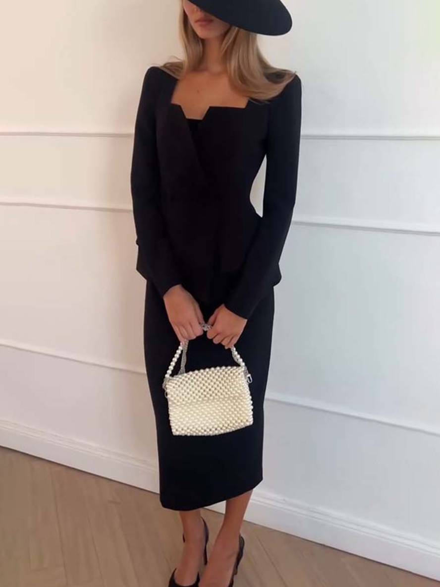 square collar set buttons pockets long sleeves blazer with skirt women elegant casual two-piece office | Force