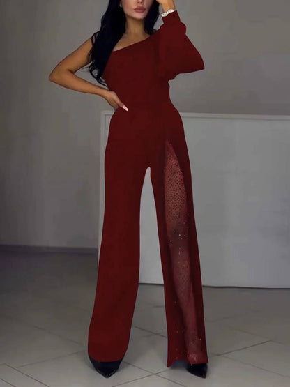 flare wide-leg jumpsuits one-shoulder side slit long sleeves women casual elegant relaxed ceremony | Force